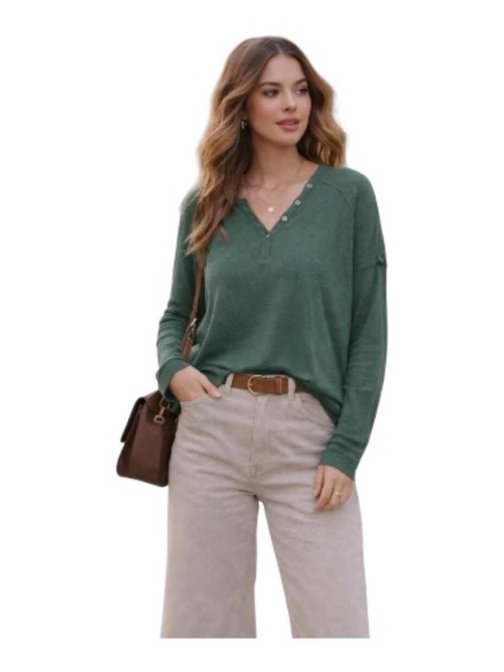 Forest Green Long Sleeve Henley Top Large